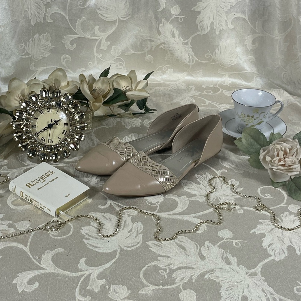 Anne Klein Sport Cream Nude Faux Leather Gold Pointed Toe Flats Elegant Luxury